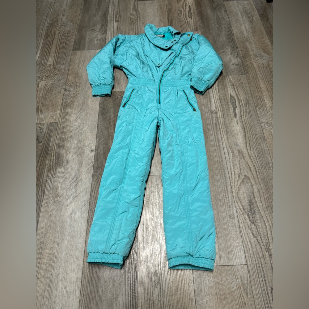 Vintage OSSI Turquoise 80s one piece ski snow suit bibs Apres snowboard onesie